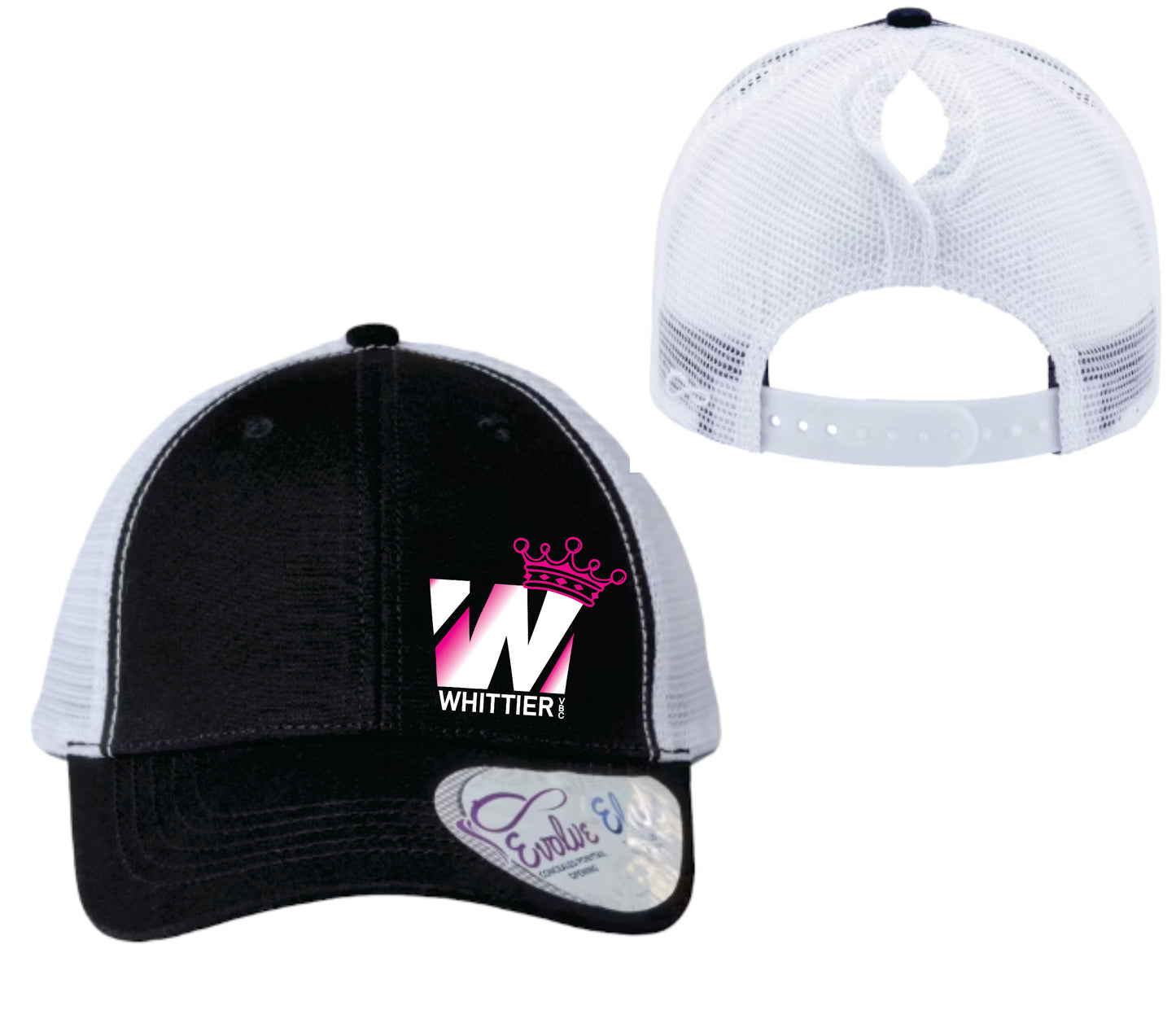 WVBC Pony Tail trucker hats with PINK Whittier Logo