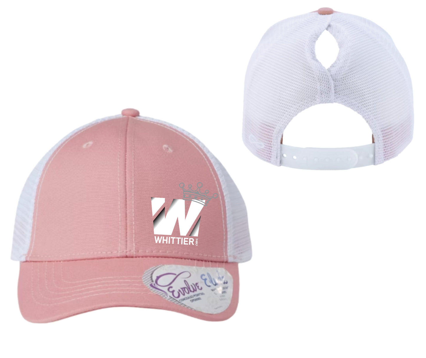 WVBC Pony Tail trucker hats with WHITE Whittier Logo