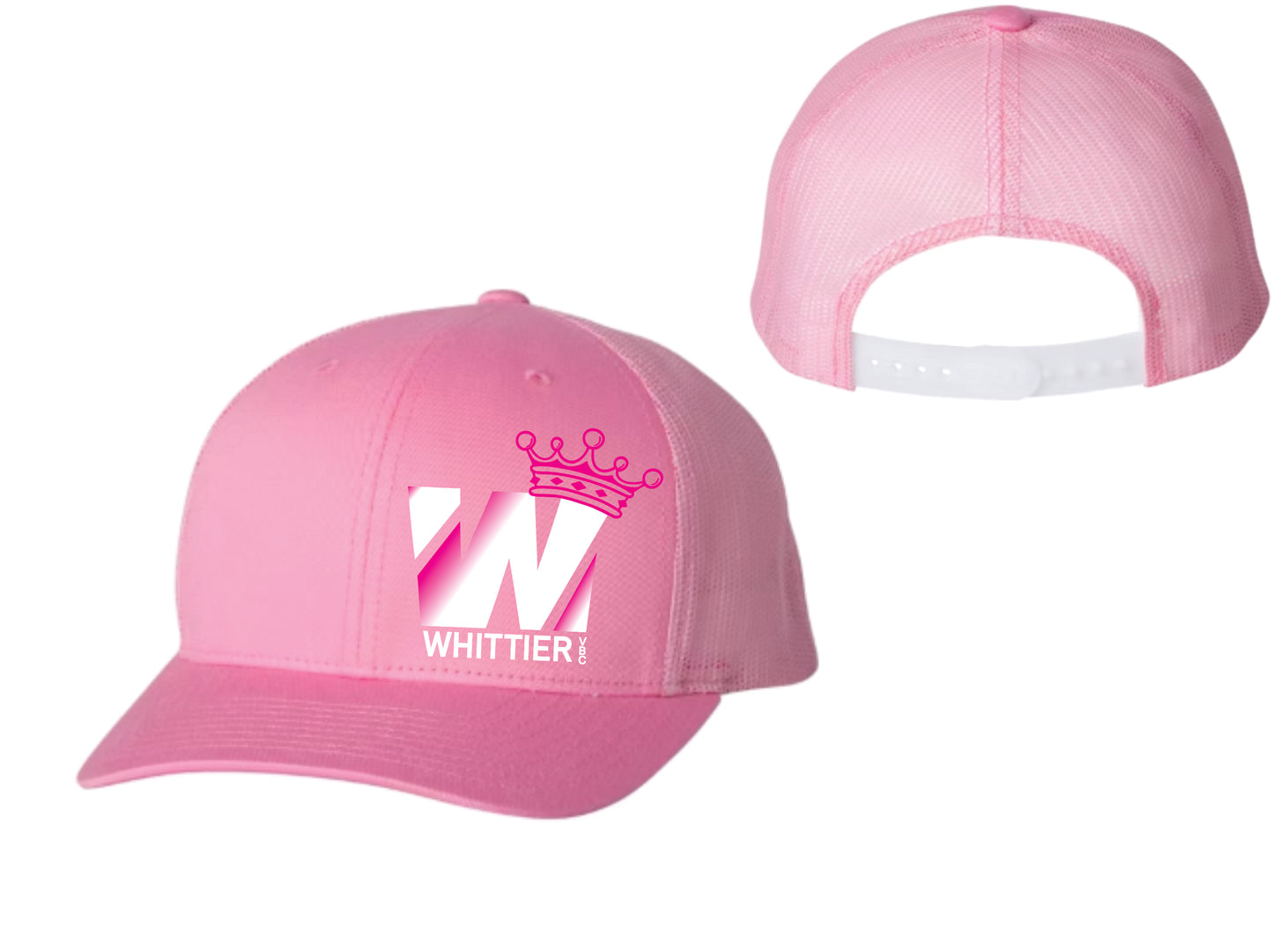 WVBC trucker hats with PINK Whittier Logo