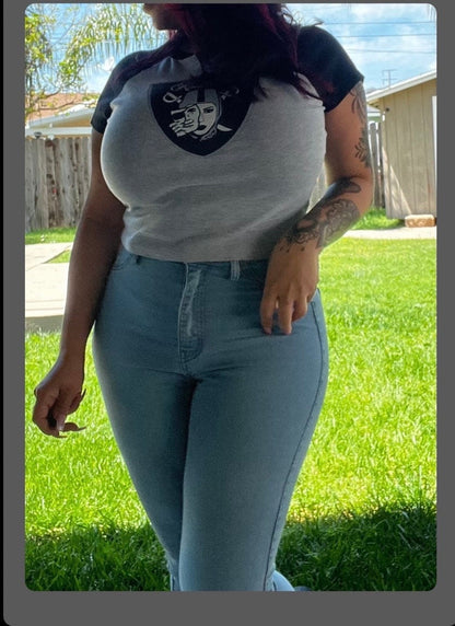raiderette, women’s Raiders crop top, Raiders women, silver and black football, RN4L. Sexy crop top