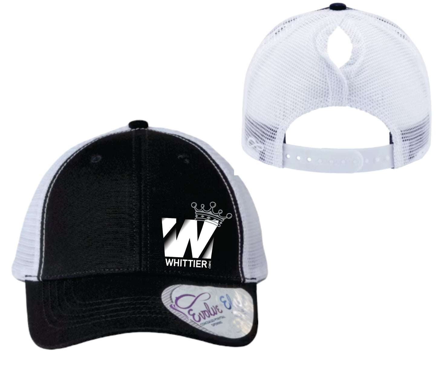 WVBC Pony Tail trucker hats with WHITE Whittier Logo