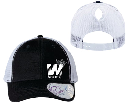 WVBC Pony Tail trucker hats with WHITE Whittier Logo