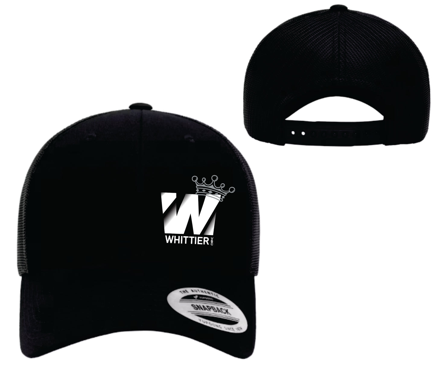 WVBC trucker hats with WHITE Whittier Logo