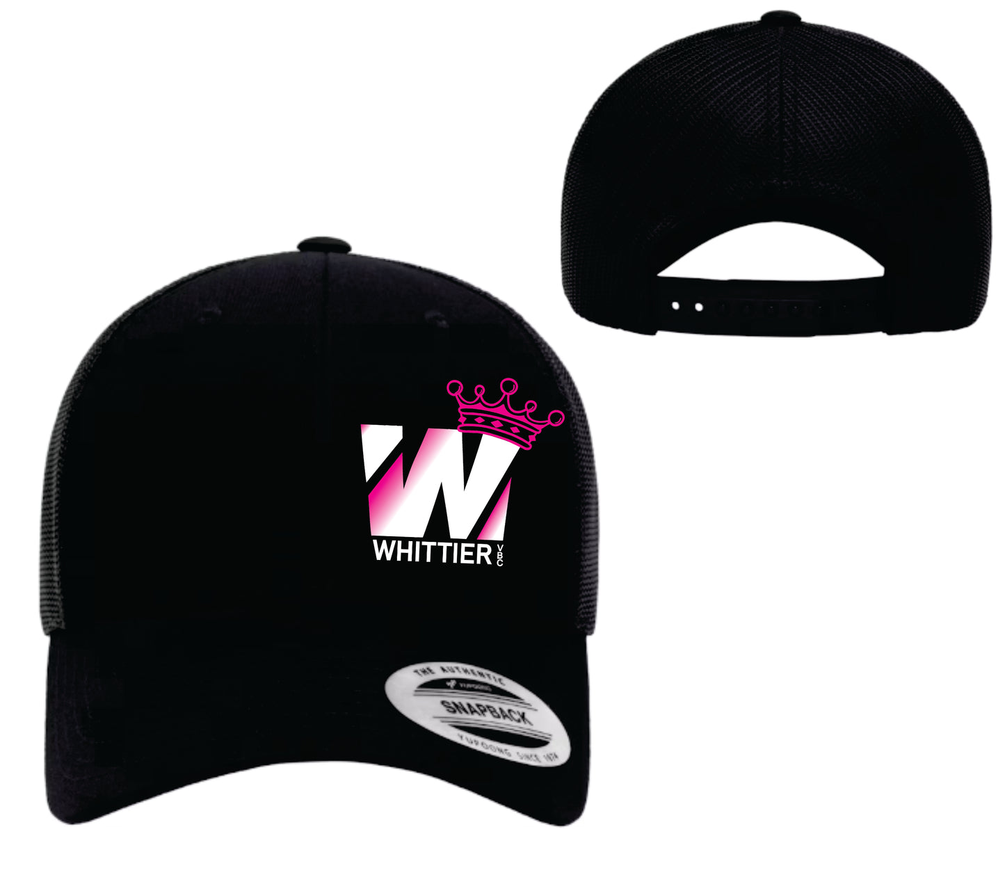 WVBC trucker hats with PINK Whittier Logo