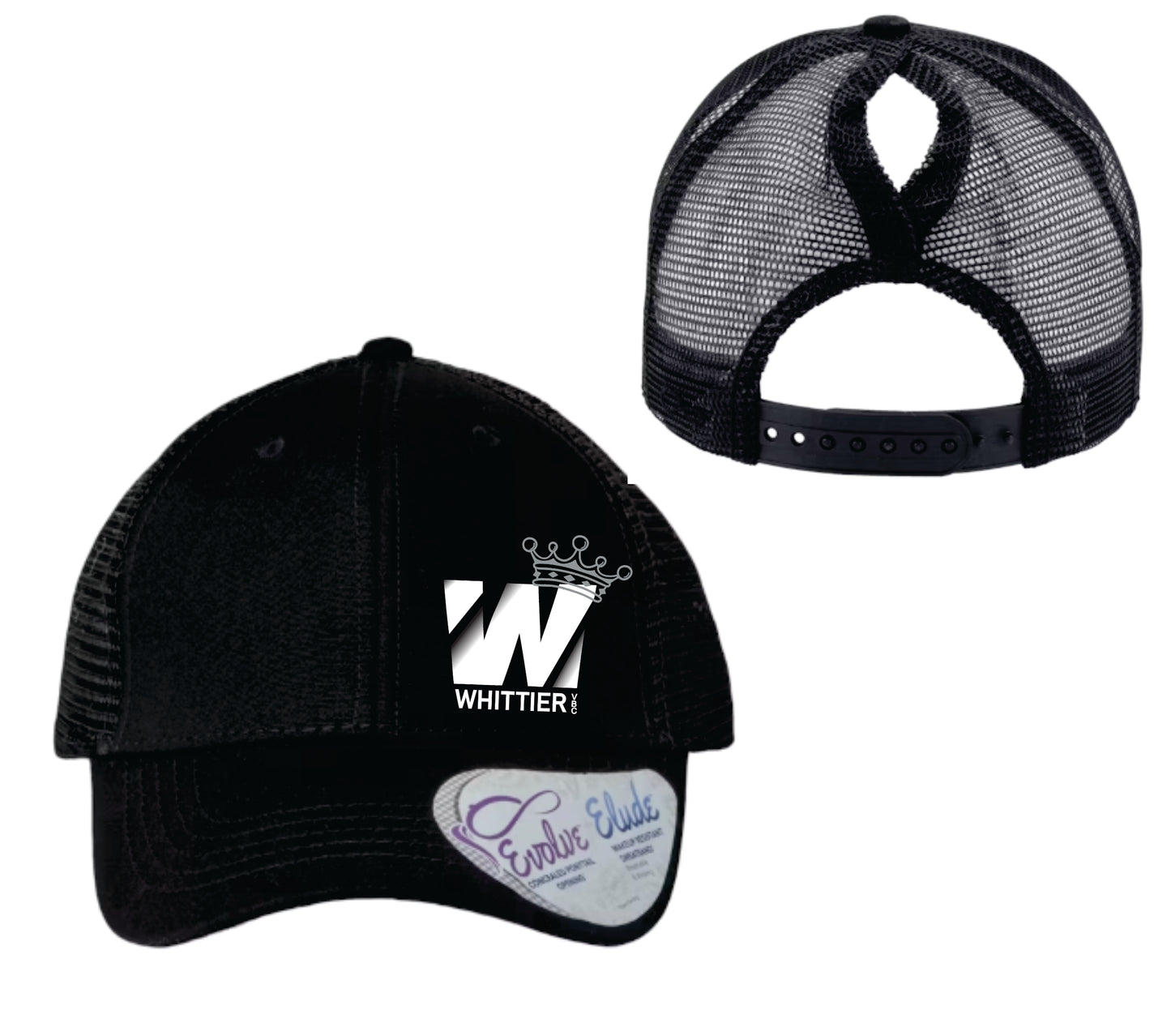 WVBC Pony Tail trucker hats with WHITE Whittier Logo