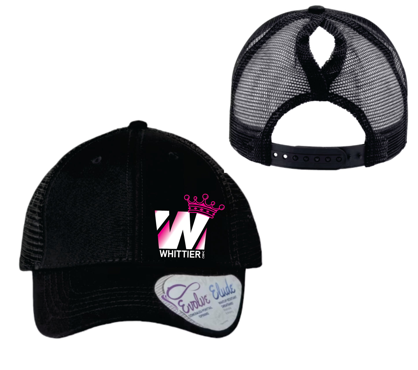 WVBC Pony Tail trucker hats with PINK Whittier Logo