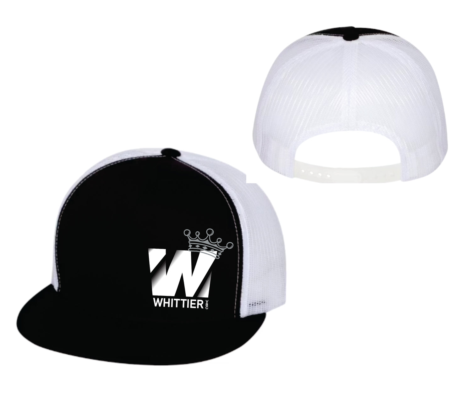 WVBC Flat Bill hats with WHITE Whittier Logo