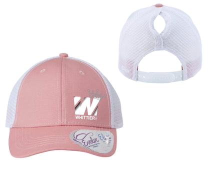 WVBC Pony Tail trucker hats with WHITE Whittier Logo